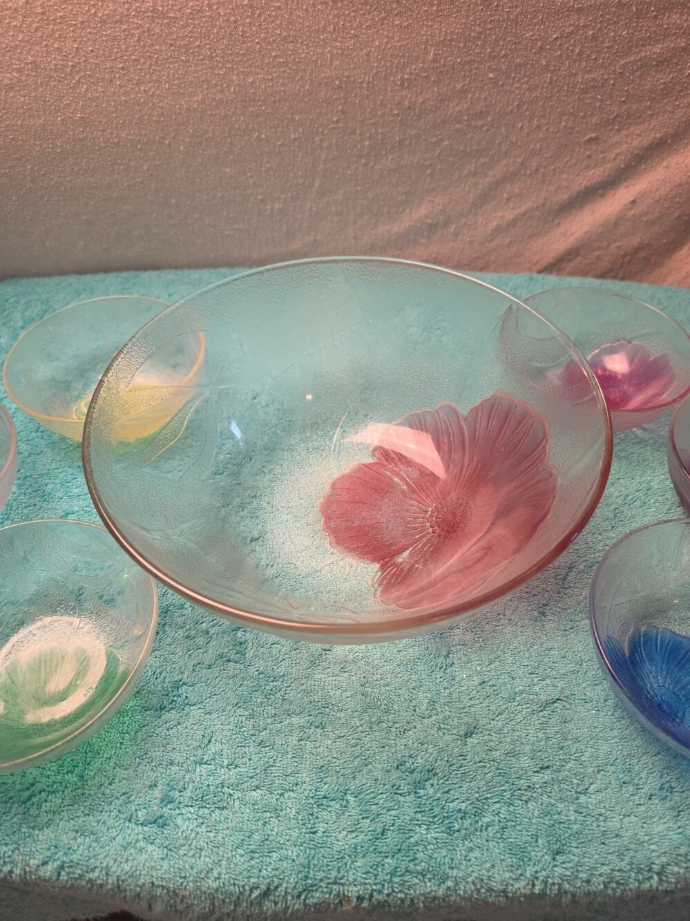 Vintage KIG Indonesia Glass Salad Berry Set 10" Master Bowl 5" Multicolor Bowls